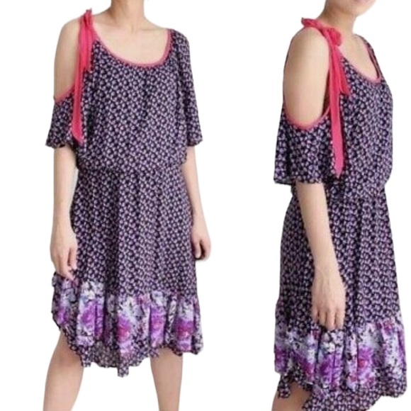 FREE PEOPLE Floral Short Sun Dress Asymmetrical Hem Tie Small Cold Shoulder - Picture 1 of 12
